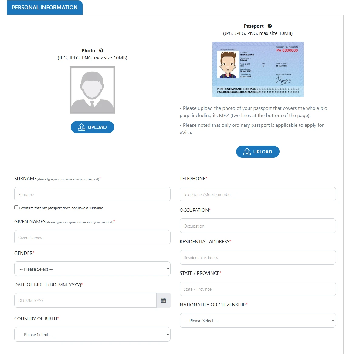 Official Lao eVisa application: photo and passport upload fields and personal information