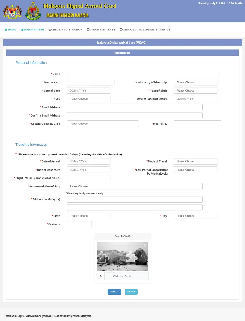 Malaysia MDAC Official Form Page