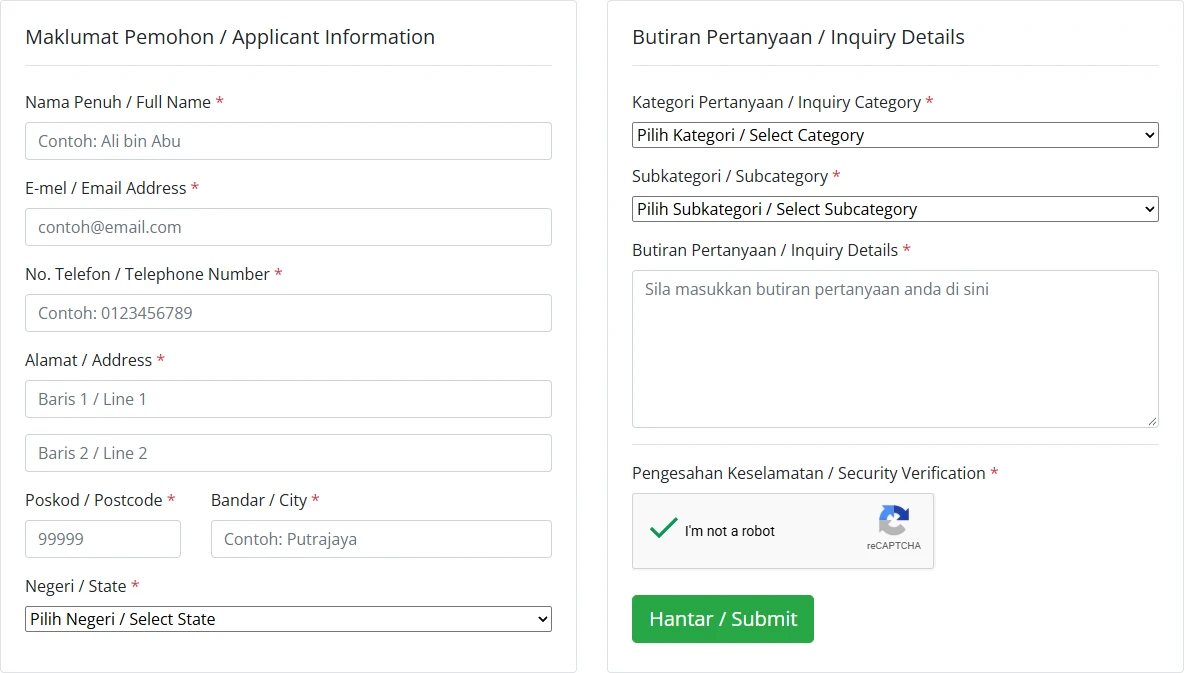 Malaysian Immigration SPO inquiry form with contact details, category, subcategory and question fields