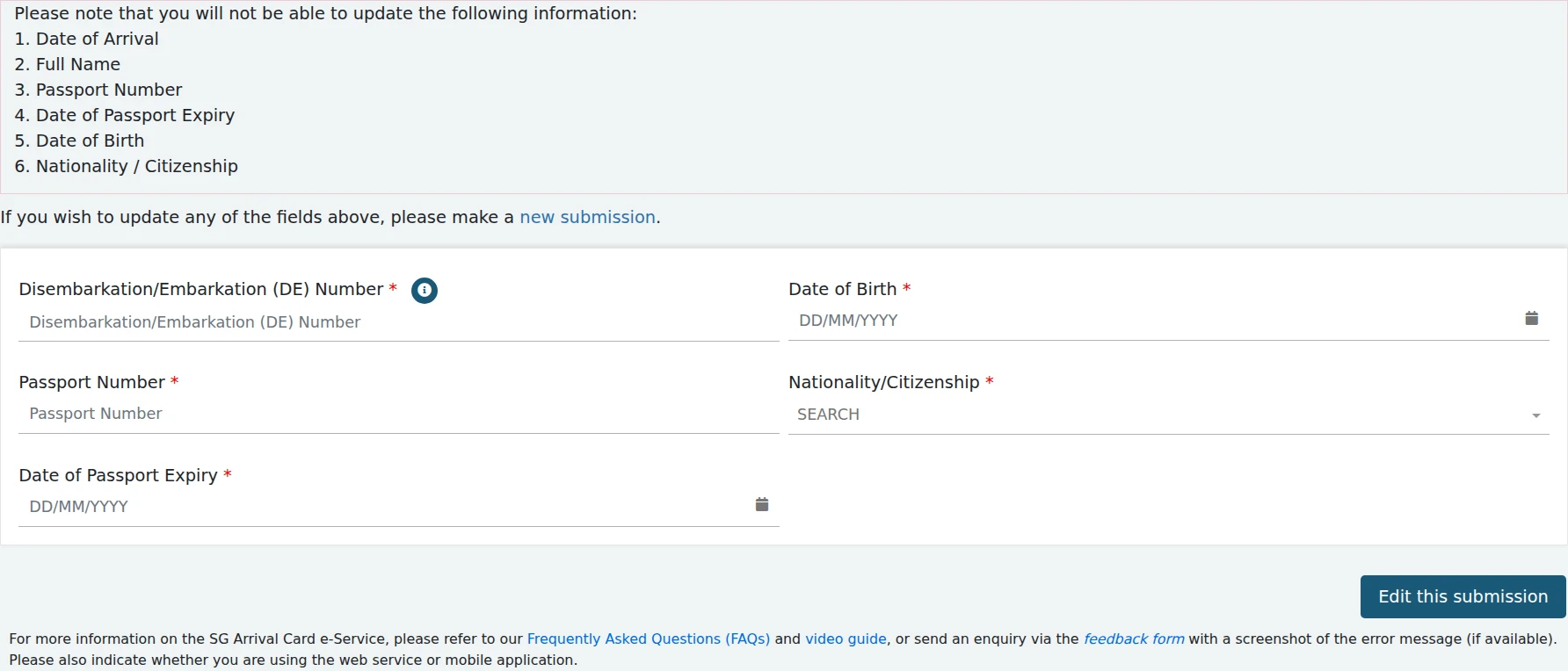 SGAC update form listing six fields that require a new submission and the details needed to retrieve a record