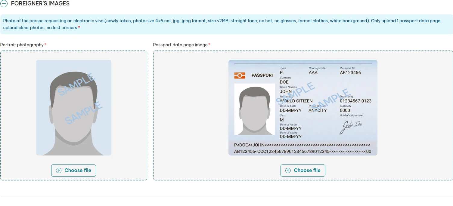 Photo requirements and separate portrait and passport upload fields on the official Vietnam eVisa form; the sample images belong to the official portal